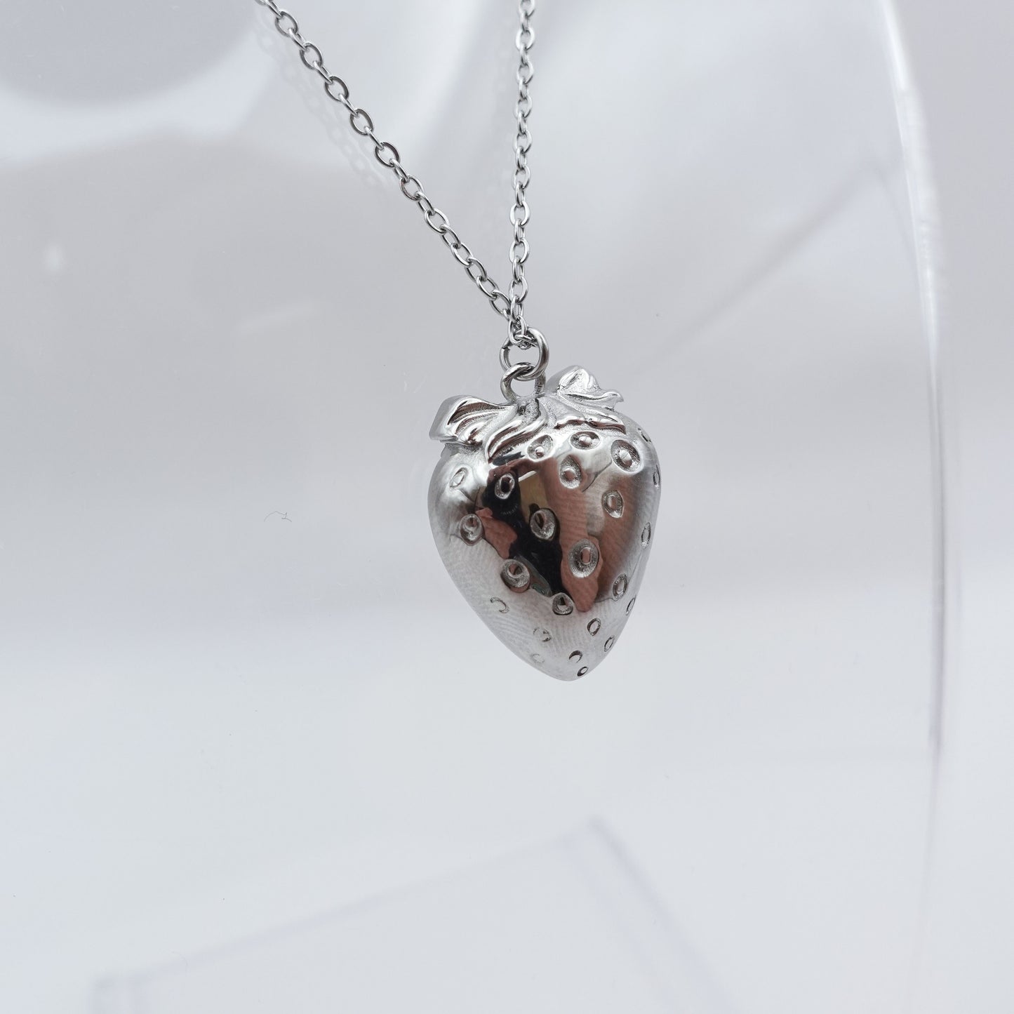 Strawberry Worry Stone Necklace - Silver Stainless Steel