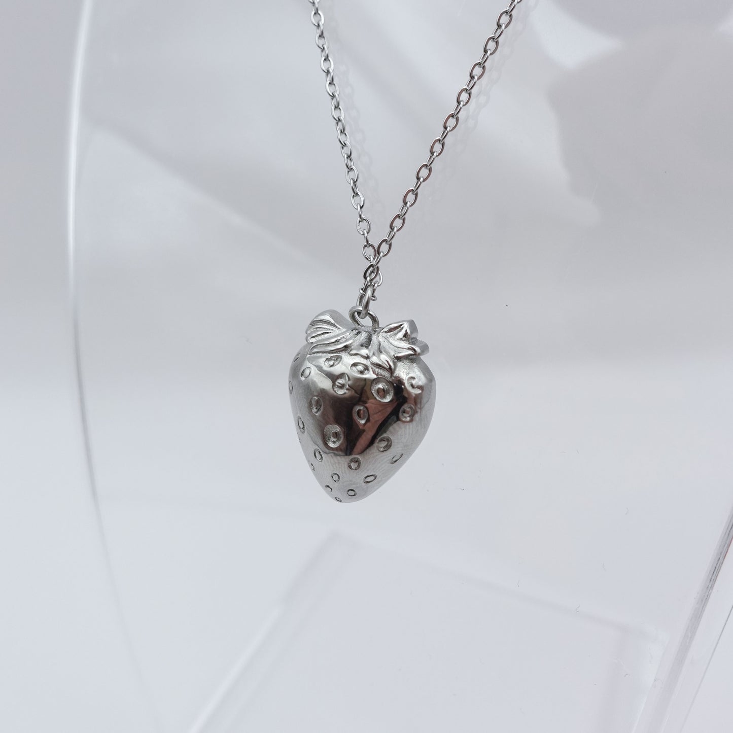 Strawberry Worry Stone Necklace - Silver Stainless Steel