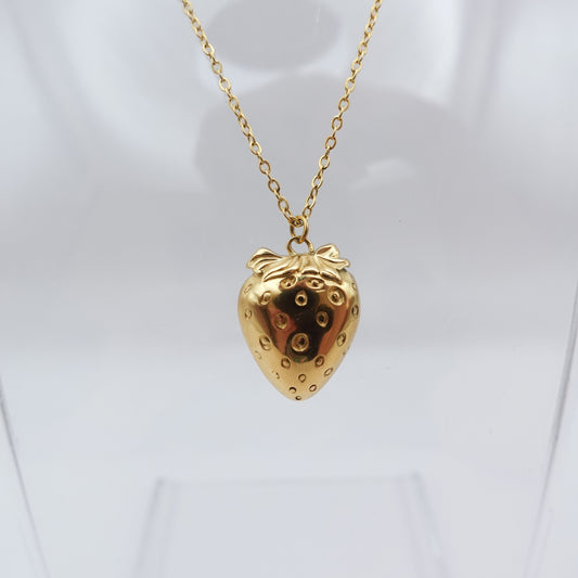 Strawberry Worry Stone Necklace - Gold Stainless Steel