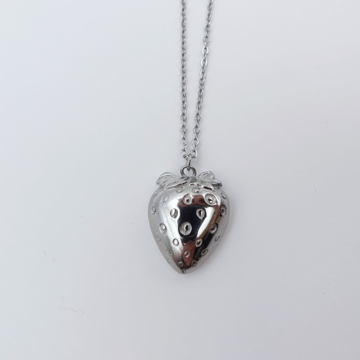 Strawberry Worry Stone Necklace - Silver Stainless Steel