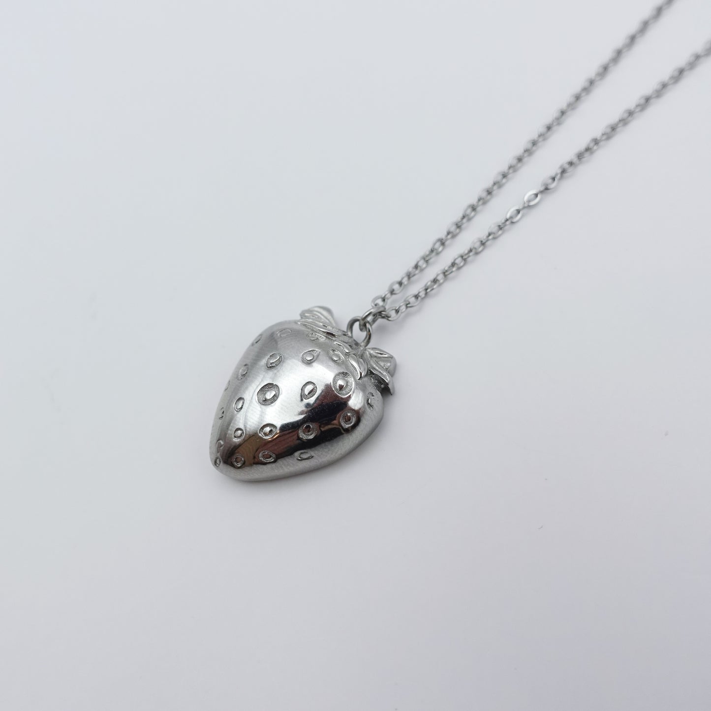 Strawberry Worry Stone Necklace - Silver Stainless Steel