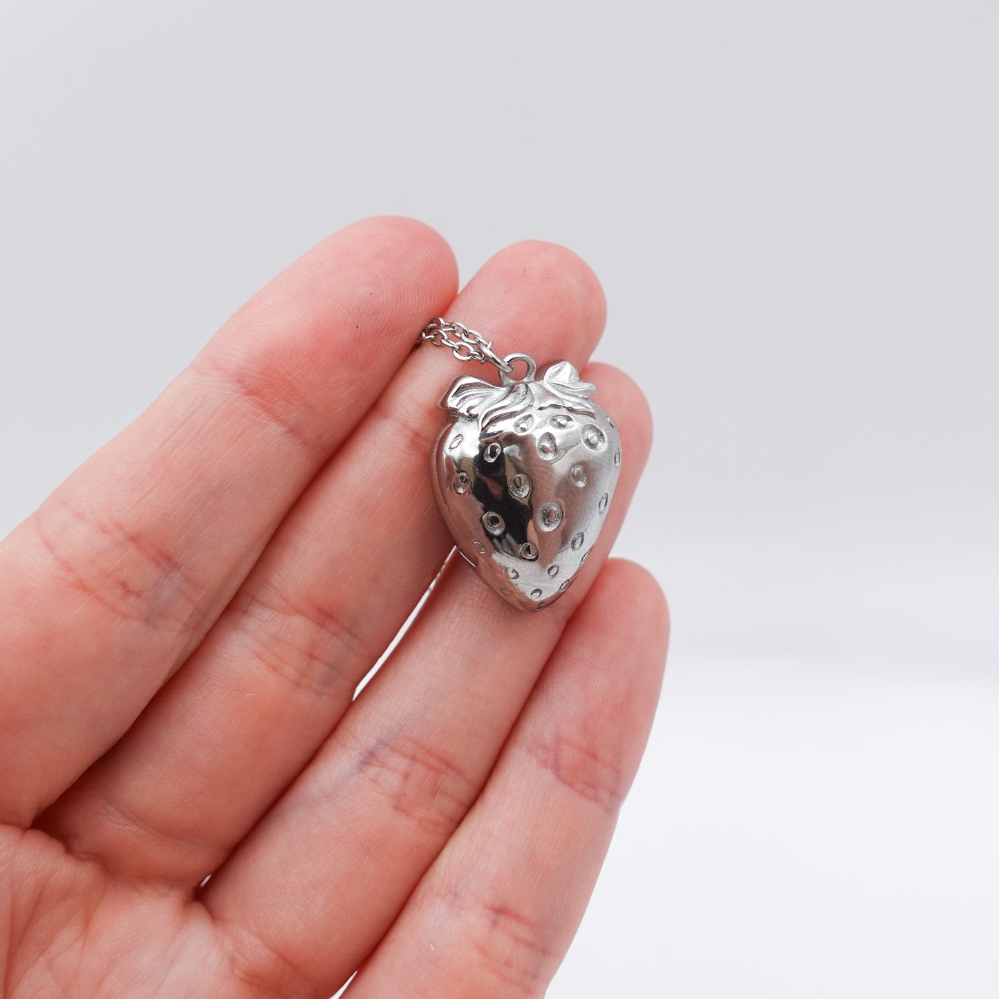 Strawberry Worry Stone Necklace - Silver Stainless Steel
