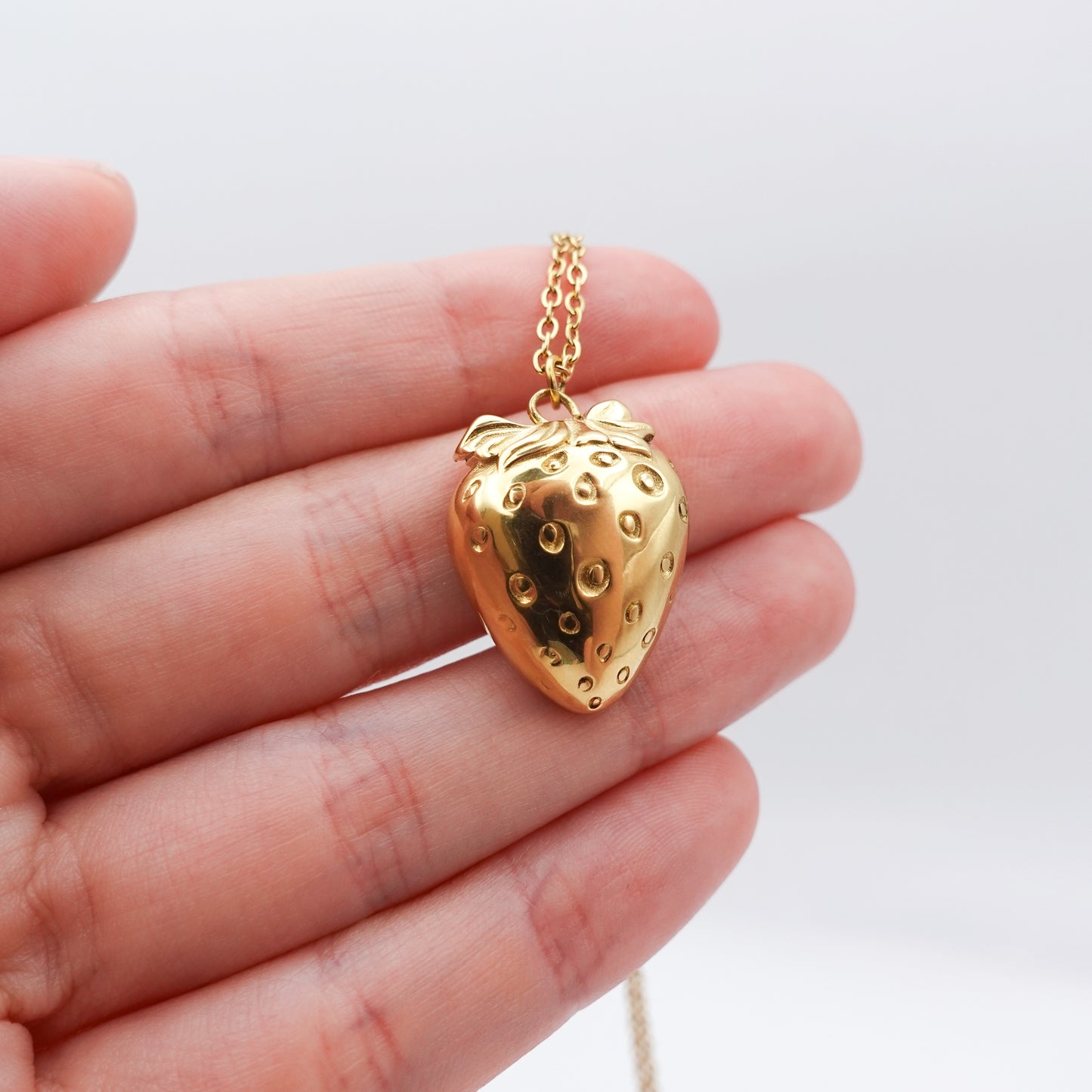 Strawberry Worry Stone Necklace - Gold Stainless Steel