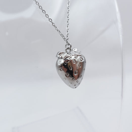 Strawberry Worry Stone Necklace - Silver Stainless Steel