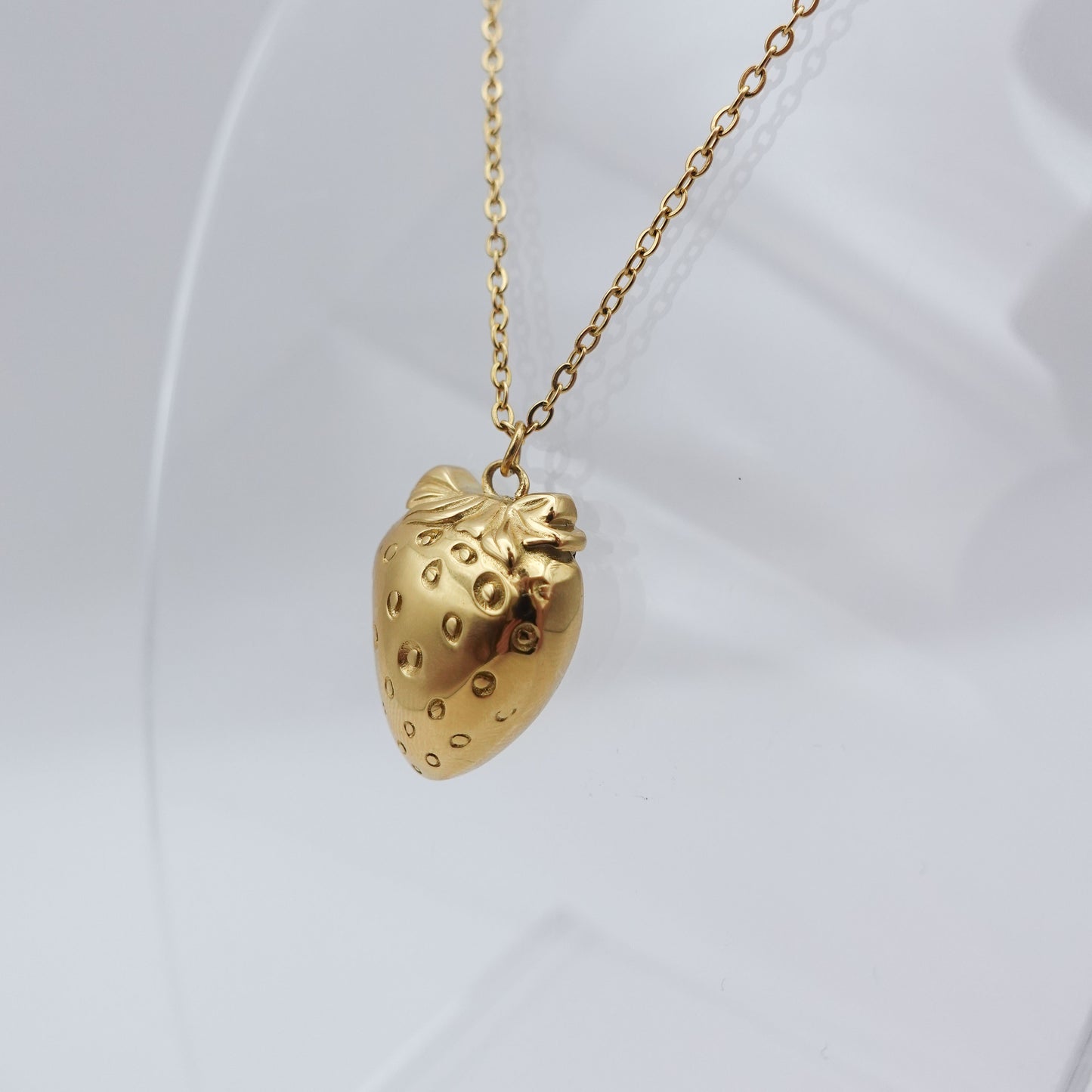 Strawberry Worry Stone Necklace - Gold Stainless Steel