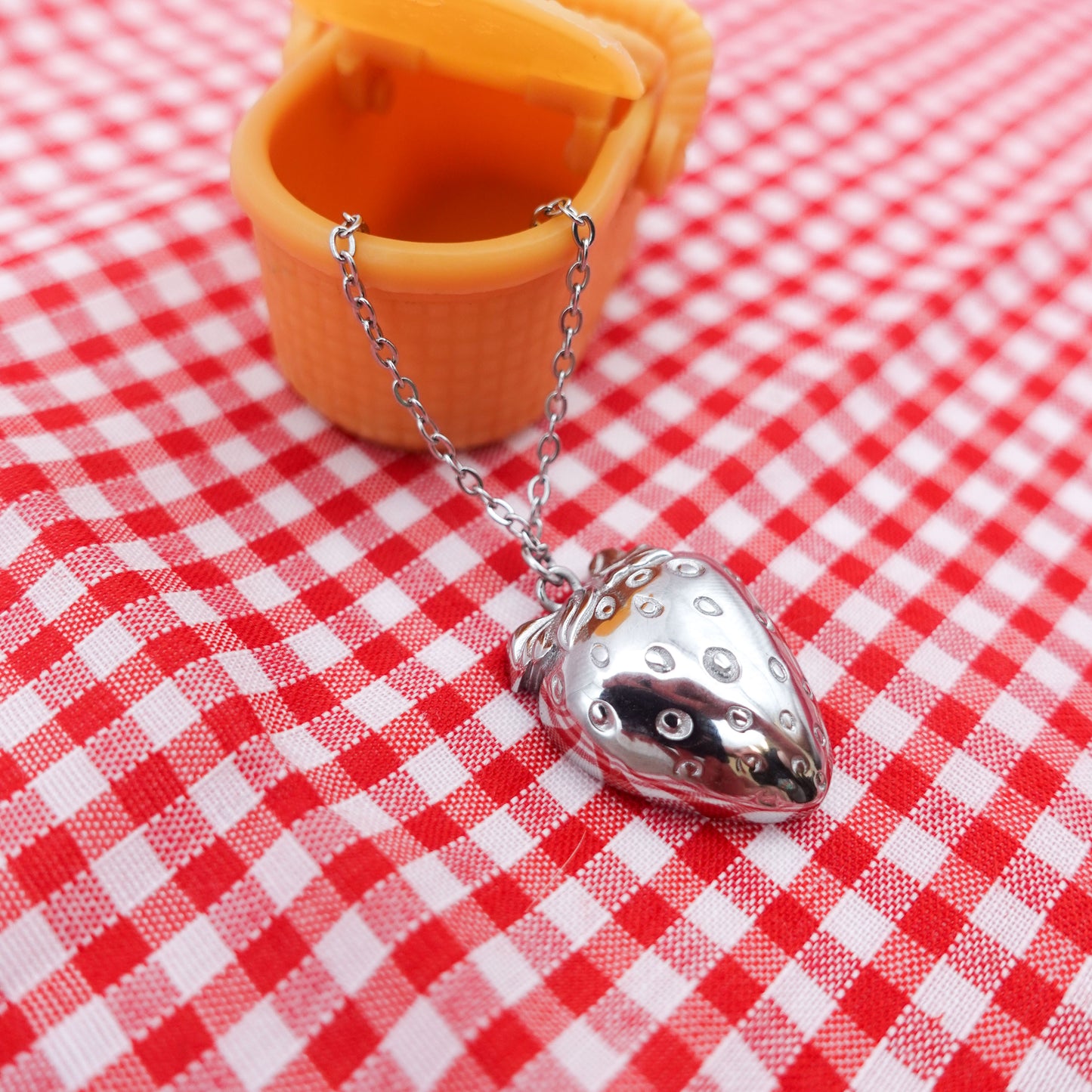 Strawberry Worry Stone Necklace - Silver Stainless Steel